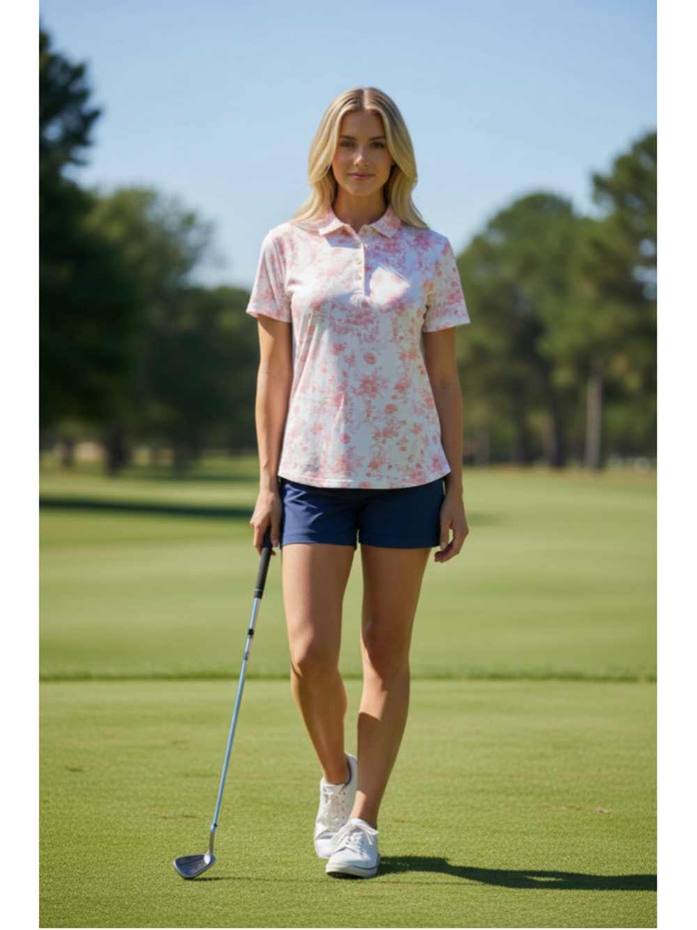 Women's Puma White Coral Floral Polo Top L